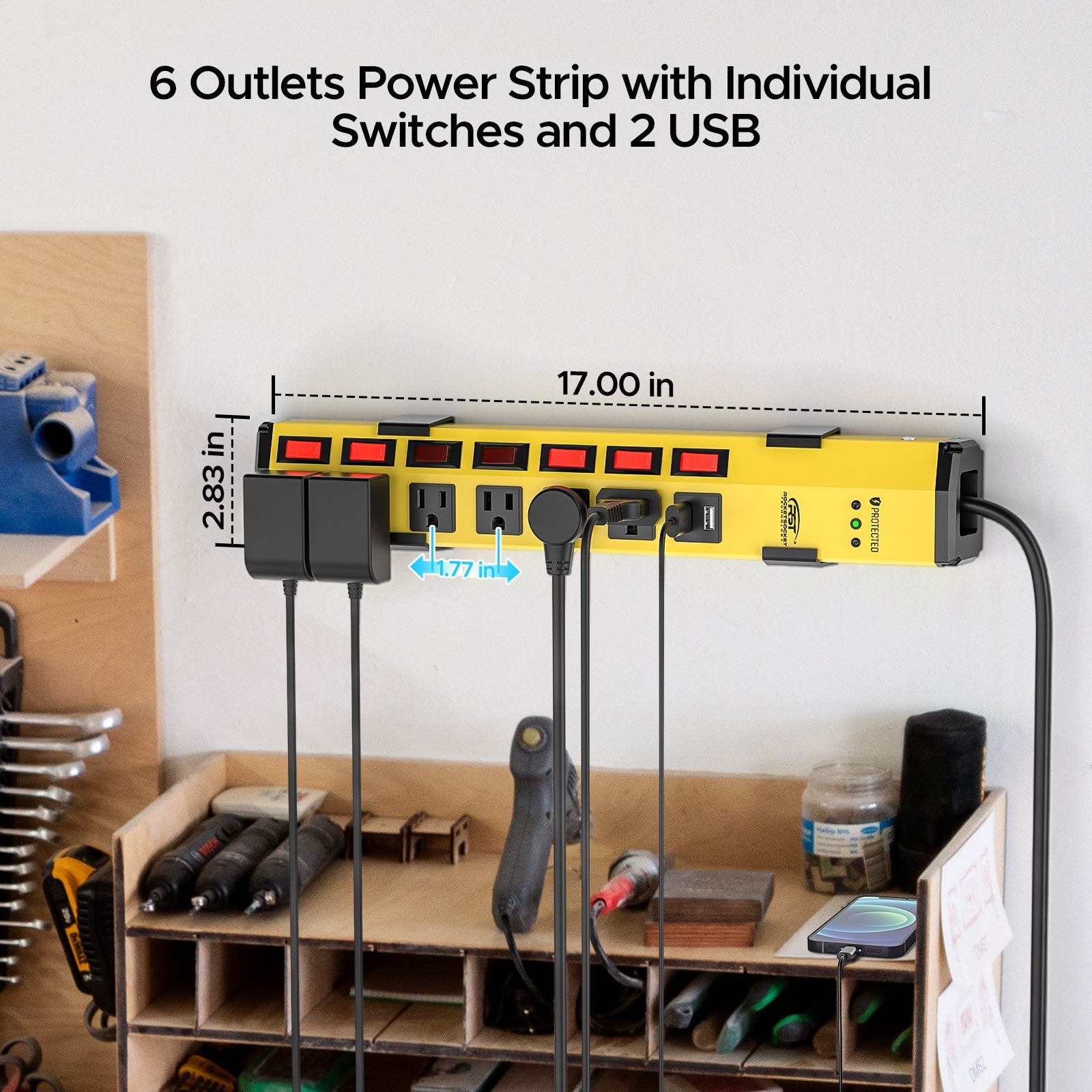 CRST Metal Surge Protector Power Strip with Individual Switches - 1200J, 6 Outlets, Dual USB, Wall Mount, 6ft Cord