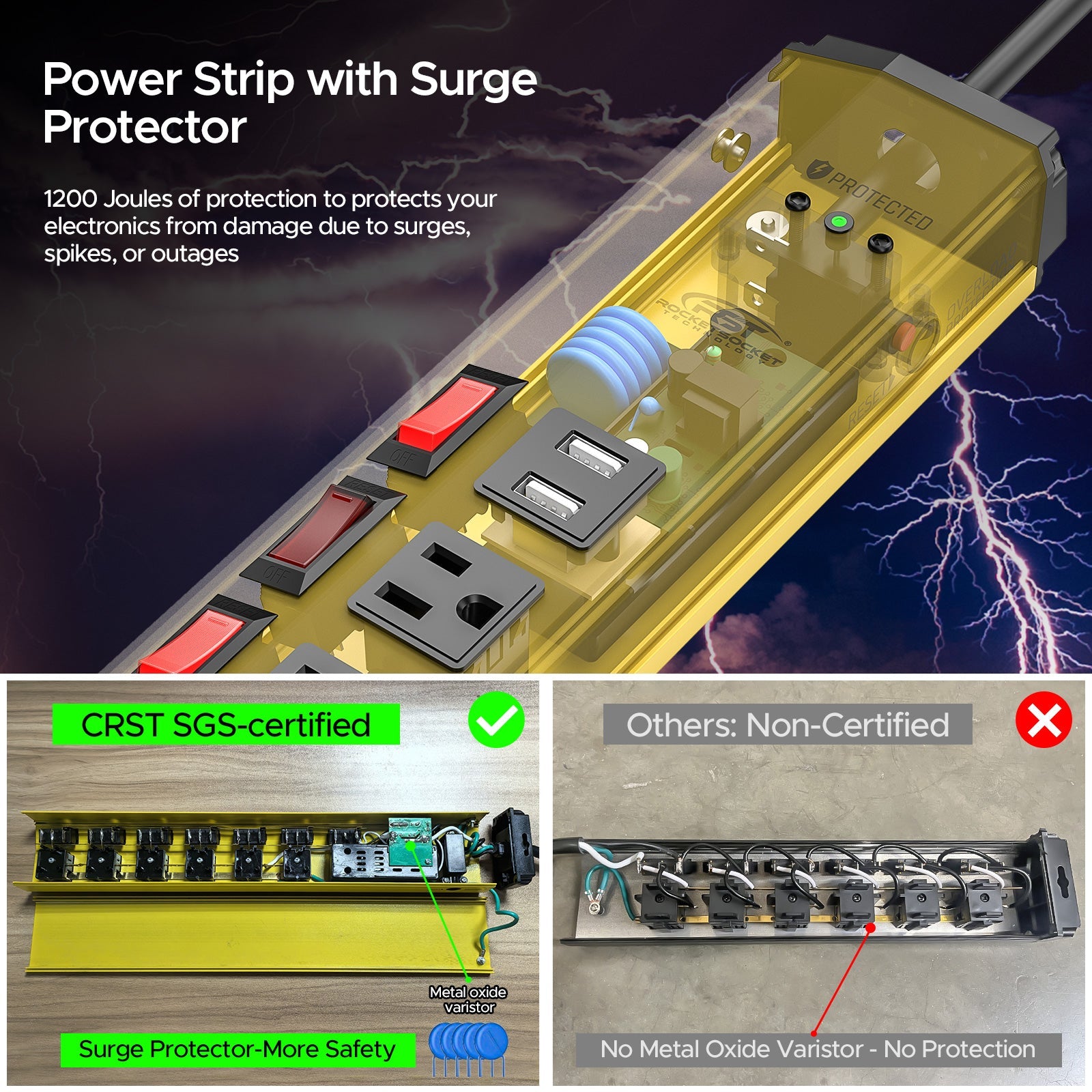 CRST Metal Surge Protector Power Strip with Individual Switches - 1200J, 6 Outlets, Dual USB, Wall Mount, 6ft Cord