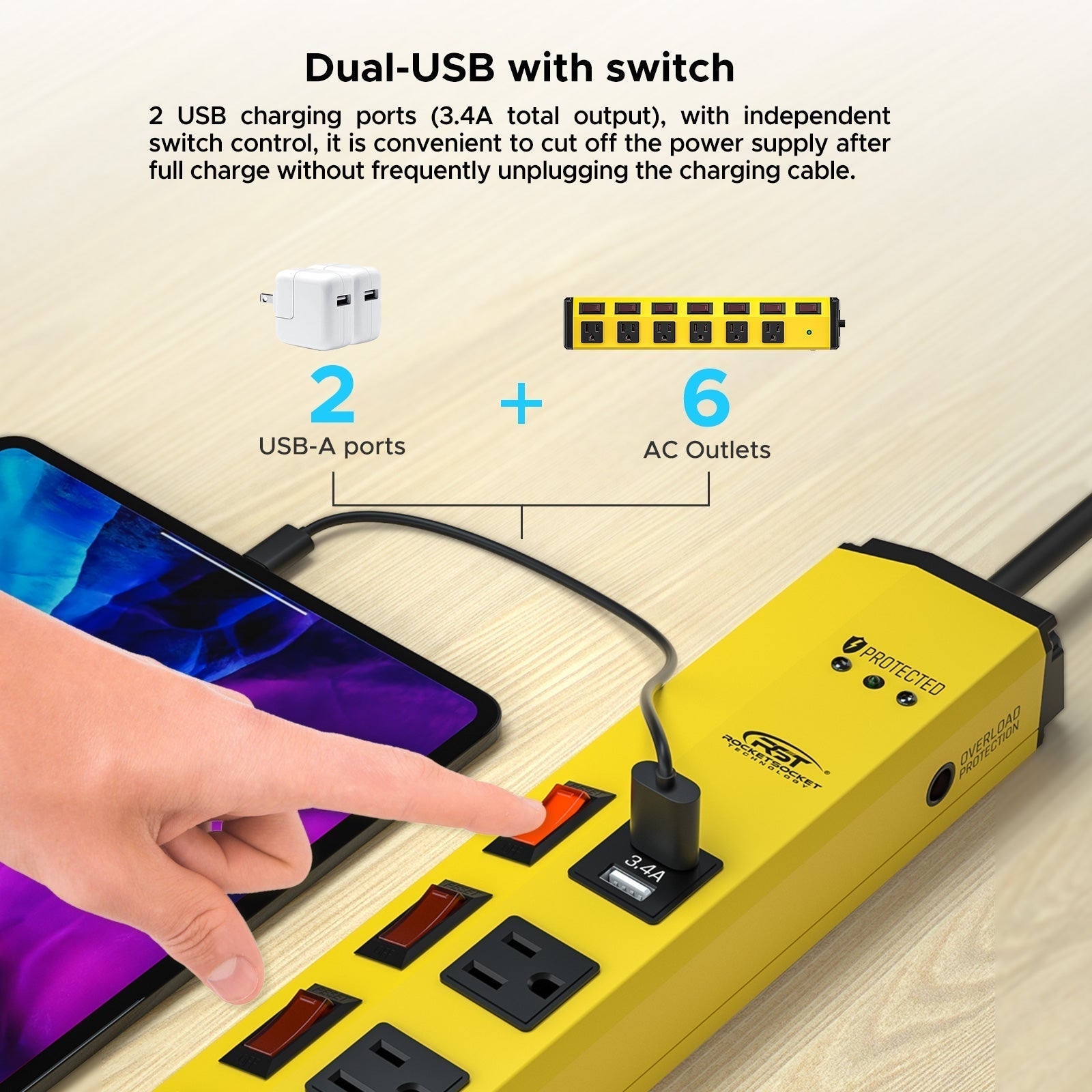 CRST Metal Surge Protector Power Strip with Individual Switches - 1200J, 6 Outlets, Dual USB, Wall Mount, 6ft Cord